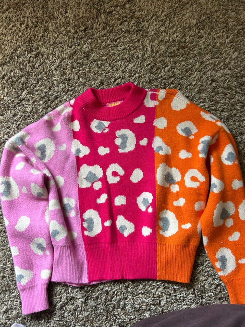 THML Pink, Hot Pink & Orange Leopard Colorblock Crewneck Sweater - Picture 1 of 1